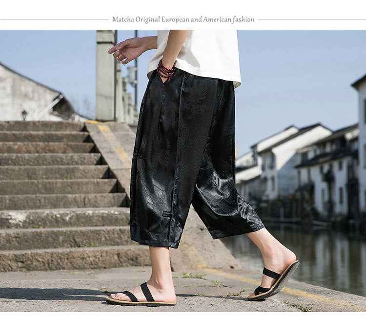 Summer Chinese Style Dragon Pattern Beach Pants for Men - Wide Leg Ice Silk Plate Button Design-Casual Fashion - The Artisan's Wardrobe