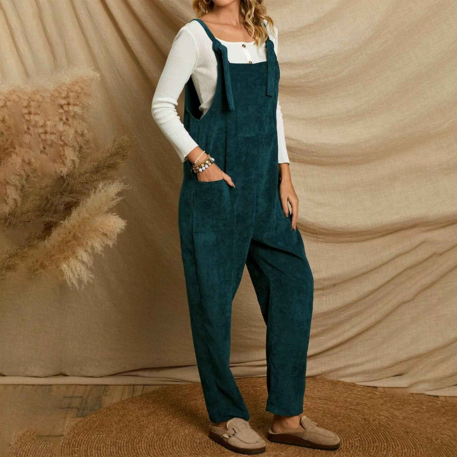 Corduroy Shoulder Strap Jumpsuit with Multi Pockets