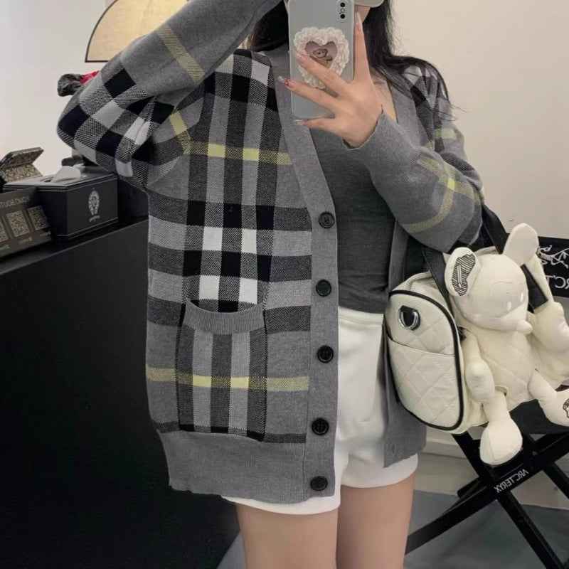 Classic plaid knitted cardigan jacket for women loose fit sweater for women single breasted top for women-Casual Fashion - The Artisan's Wardrobe