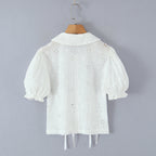 Doll Collar Embroidered Bubble Sleeve Top with Hollowed Out Design-Casual Fashion - The Artisan's Wardrobe