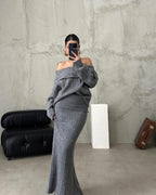 Winter Knitted Two Piece Set for Women - Elegant Off Shoulder Sweater and Slim Skirt Suit for Fashionable Office Ladies-Casual Fashion - The Artisan's Wardrobe