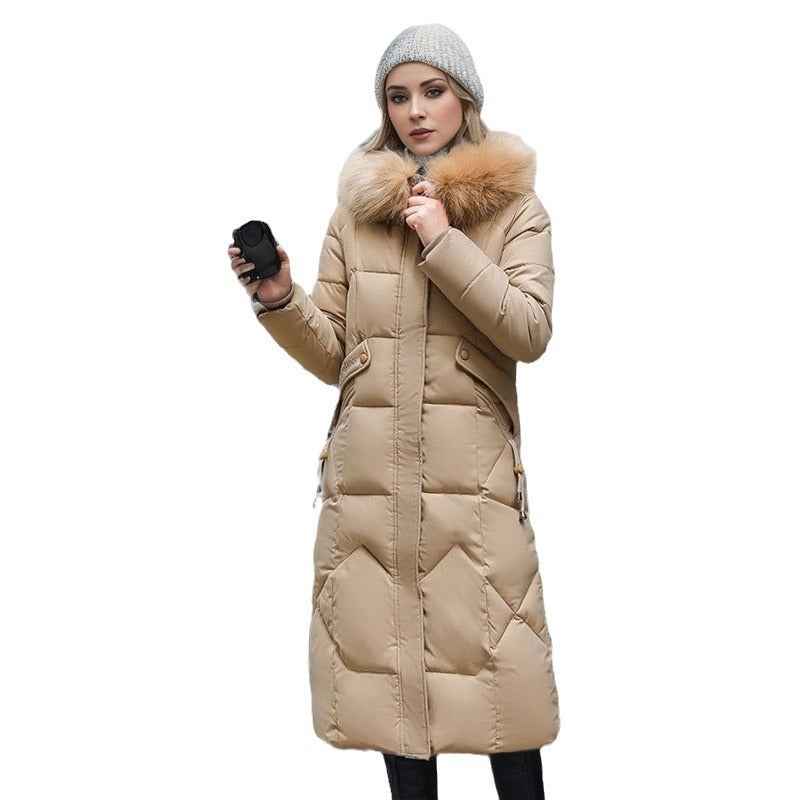 Cotton Padded Women's Jacket, Slim Fit Knee-Length with Large Wool Collar-Casual Fashion - The Artisan's Wardrobe