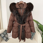 Hooded Down Jacket with Fox Fur Collar for Women-Casual Fashion - The Artisan's Wardrobe