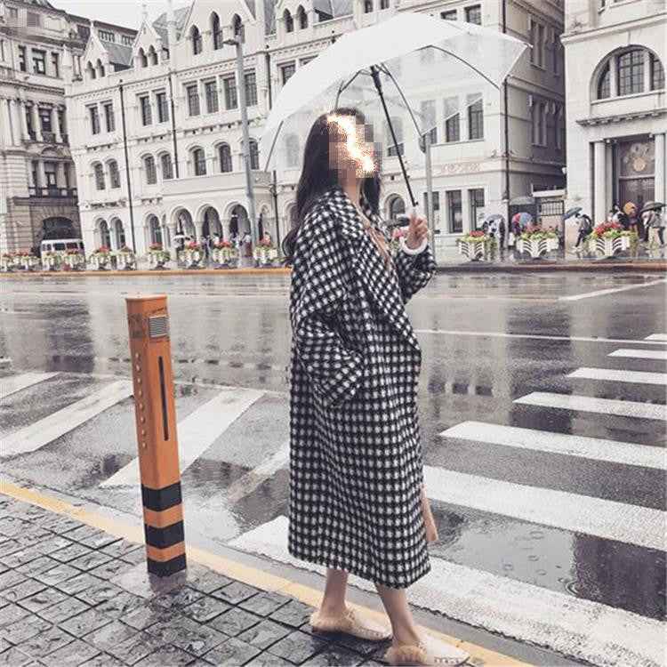 woolen coat for women in checkered design, medium to long length, slim fit windbreaker-Casual Fashion - The Artisan's Wardrobe