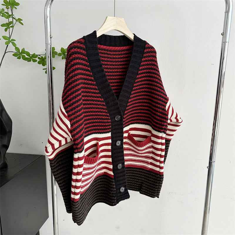 V-neck Red Striped Cardigan - Thick Knitted Sweater with Lazy Style and Loose Fit-Casual Fashion - The Artisan's Wardrobe