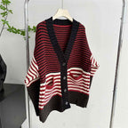 V-neck Red Striped Cardigan - Thick Knitted Sweater with Lazy Style and Loose Fit-Casual Fashion - The Artisan's Wardrobe