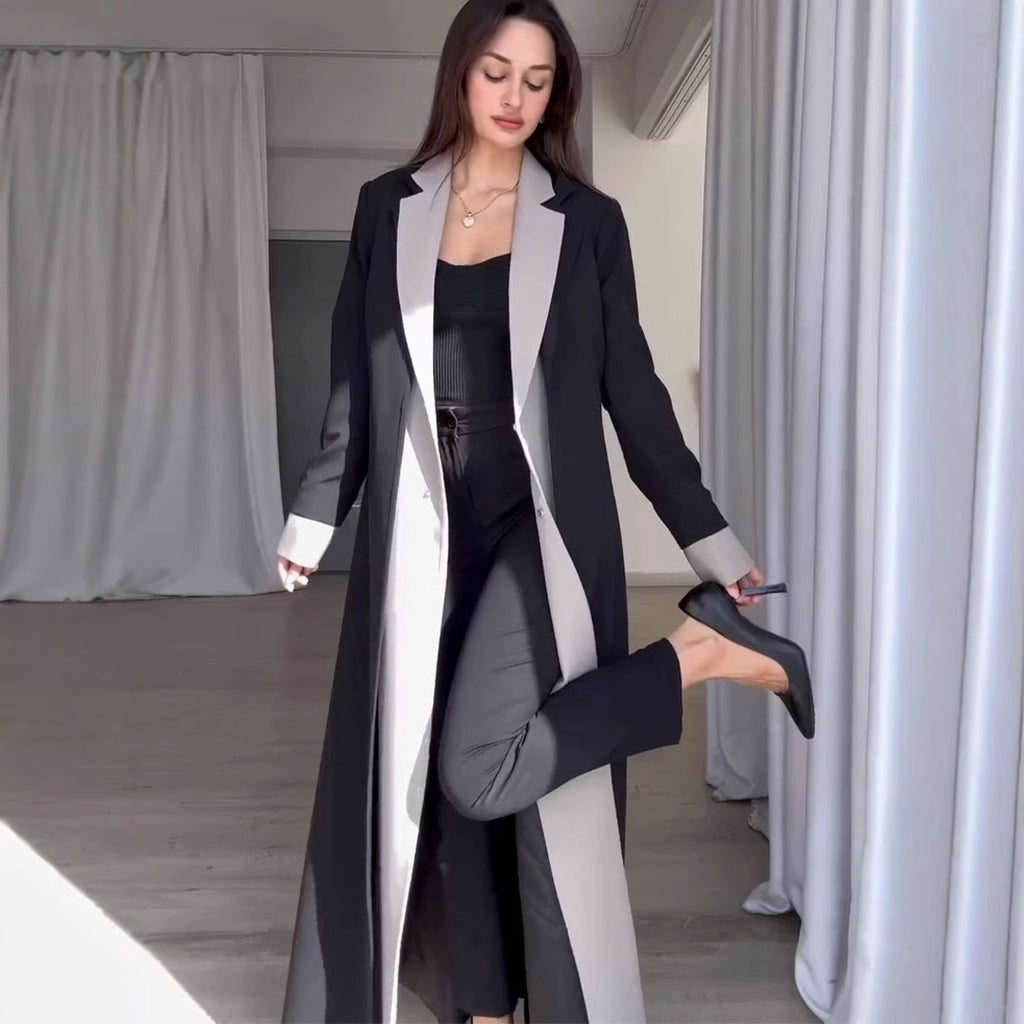 Long Length Women's Trench Coat with Suit Collar and Patchwork Contrasting Colors for Temperament and Commuting-Casual Fashion - The Artisan's Wardrobe