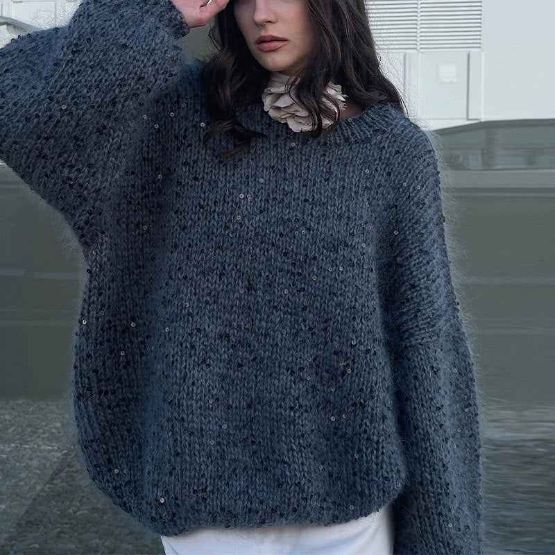 Fashionable sequined sweater, loose round neck lantern sleeve head, knitted sweater-Casual Fashion - The Artisan's Wardrobe