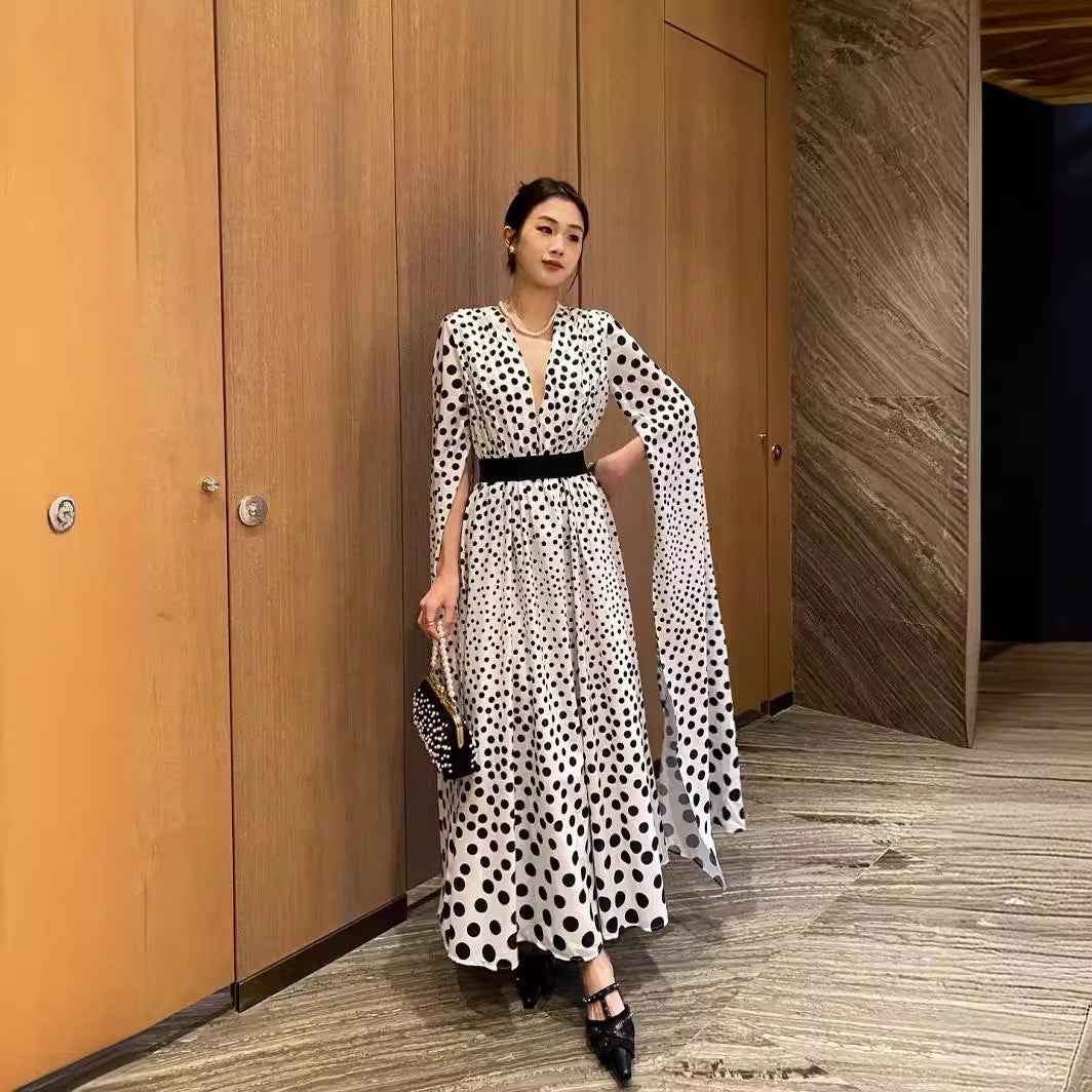 V-neck Polka Dot Dress with Slit - Long Sleeve Long Skirt Women's Dress-Casual Fashion - The Artisan's Wardrobe