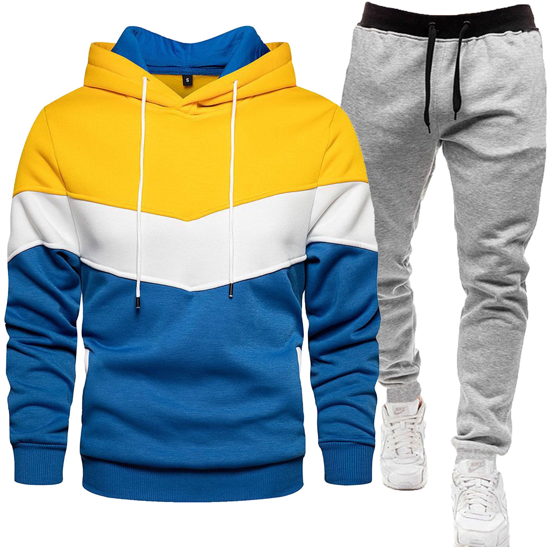 Men's three color hoodie sports suit, fashionable and casual, spring and autumn splicing hooded top, long pants two-piece set-Casual Fashion - The Artisan's Wardrobe
