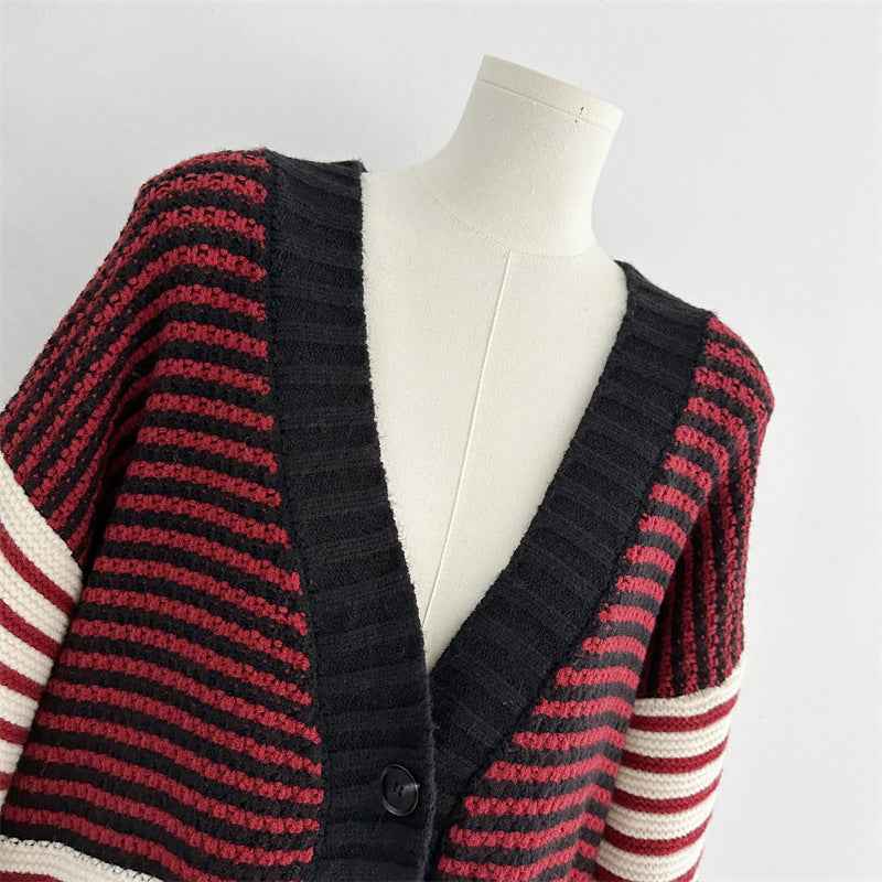 V-neck Red Striped Cardigan - Thick Knitted Sweater with Lazy Style and Loose Fit-Casual Fashion - The Artisan's Wardrobe