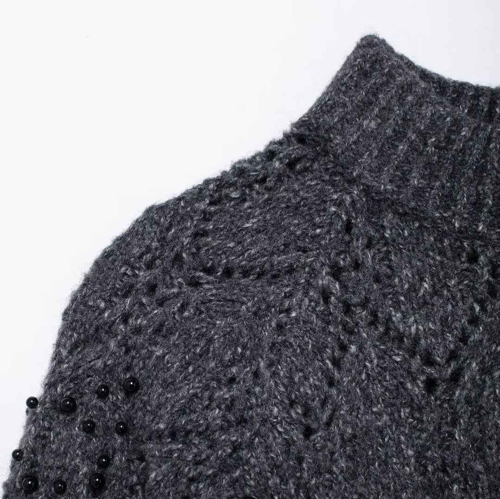 Women's Asymmetrical Knitted Sweater with Shoulder Opening and Hollow Bead Decoration-Casual Fashion - The Artisan's Wardrobe