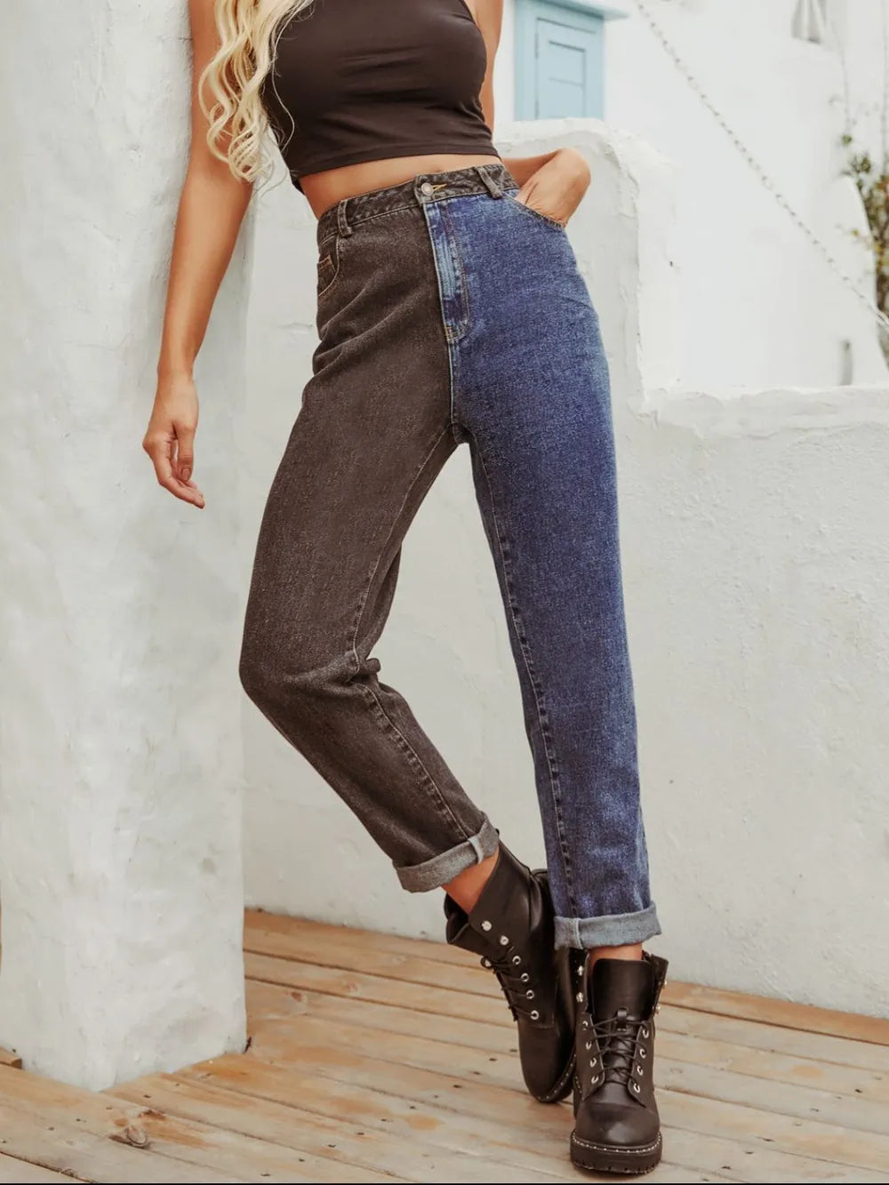 Two Tone Straight Leg Jeans