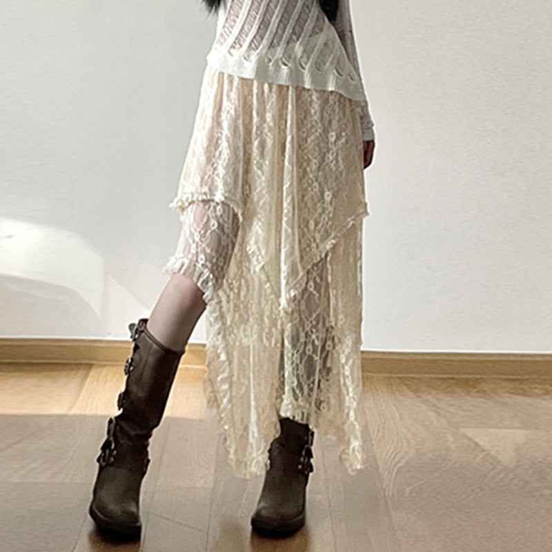 Leisure Vacation Style Low Waist Lace Half Skirt - Double Layered Irregular Design for Women-Casual Fashion - The Artisan's Wardrobe