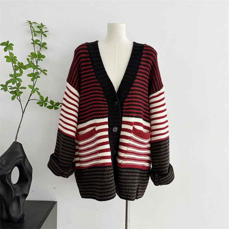 V-neck Red Striped Cardigan - Thick Knitted Sweater with Lazy Style and Loose Fit-Casual Fashion - The Artisan's Wardrobe