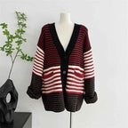 V-neck Red Striped Cardigan - Thick Knitted Sweater with Lazy Style and Loose Fit-Casual Fashion - The Artisan's Wardrobe