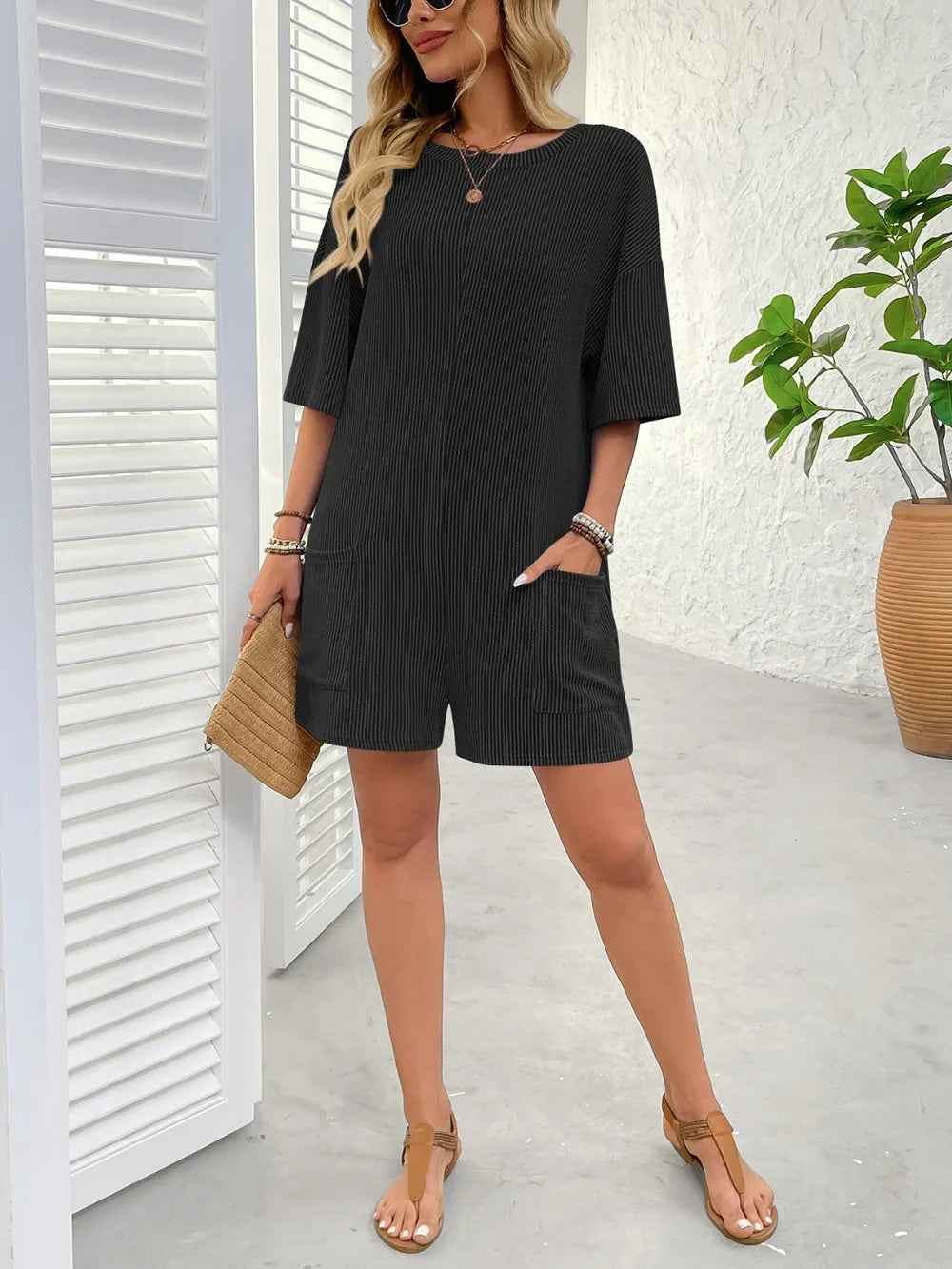 Backless Textured Romper with Round Neck and Half Sleeves for a Trendy Style-Casual Fashion - The Artisan's Wardrobe