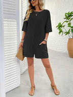 Backless Textured Romper with Round Neck and Half Sleeves for a Trendy Style-Casual Fashion - The Artisan's Wardrobe
