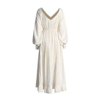 Fashionable V-neck Lantern Sleeve Dress with Elegant Pleated Lotus Leaf Edges for Women-Casual Fashion - The Artisan's Wardrobe