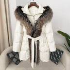 Hooded Down Jacket with Fox Fur Collar for Women-Casual Fashion - The Artisan's Wardrobe