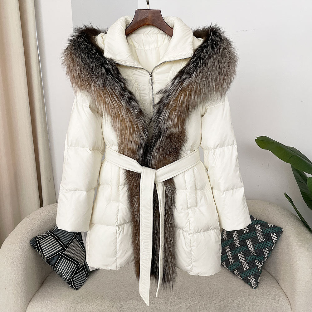 Hooded Down Jacket with Fox Fur Collar for Women-Casual Fashion - The Artisan's Wardrobe