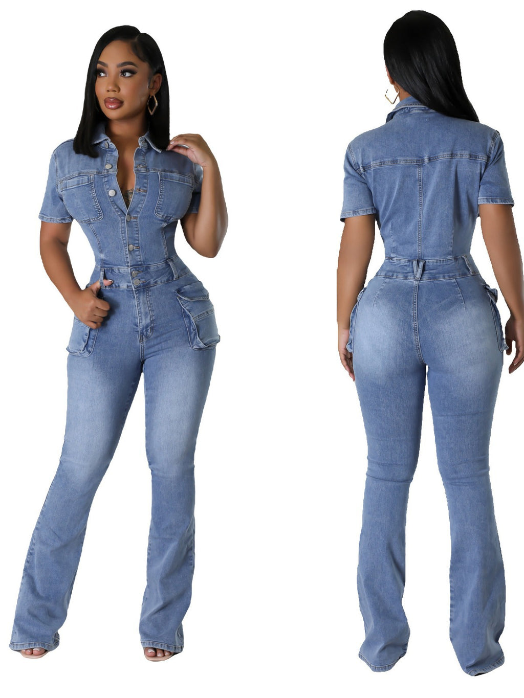 European and American Slim Fit Denim Jumpsuit with Elastic Flared Pants in Flower Washed Design-Casual Fashion - The Artisan's Wardrobe