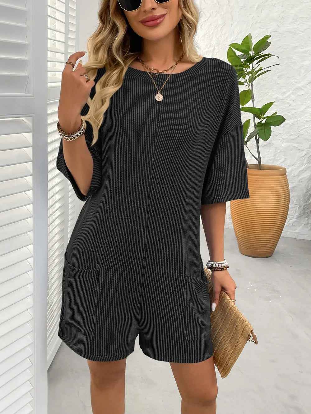 Backless Textured Romper with Round Neck and Half Sleeves for a Trendy Style-Casual Fashion - The Artisan's Wardrobe