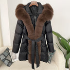 Hooded Down Jacket with Fox Fur Collar for Women-Casual Fashion - The Artisan's Wardrobe