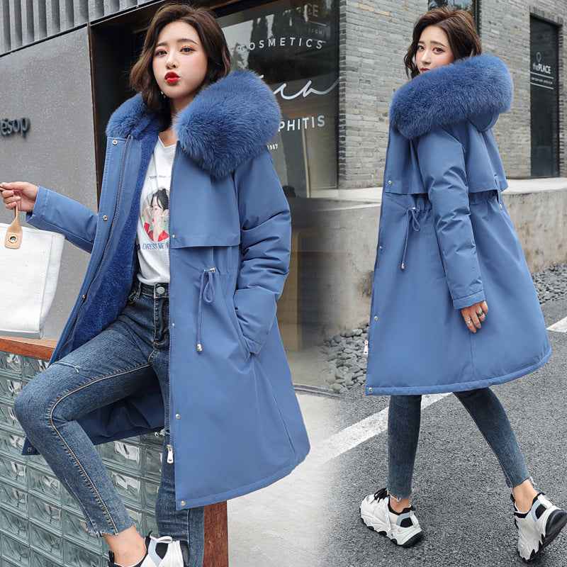 Korean Fur Collar Fleece Jacket for Women's Fashion - Long and Medium Length Cotton Jacket with Big Fur Collar-Casual Fashion - The Artisan's Wardrobe