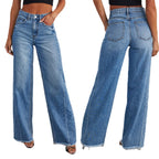 Loose Wide Leg Denim Jeans with Side Seam Splicing and Brushed Hem for Women-Casual Fashion - The Artisan's Wardrobe