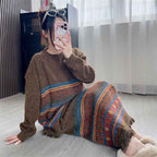 Ethnic Retro Knit Sweater Set with Tassel Pullover and Striped Skirt for Women - Autumn and Winter Fashion-Casual Fashion - The Artisan's Wardrobe