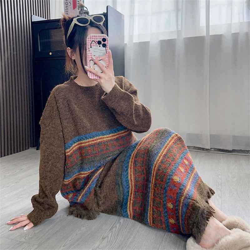 Ethnic Retro Knit Sweater Set for Fashion Lovers