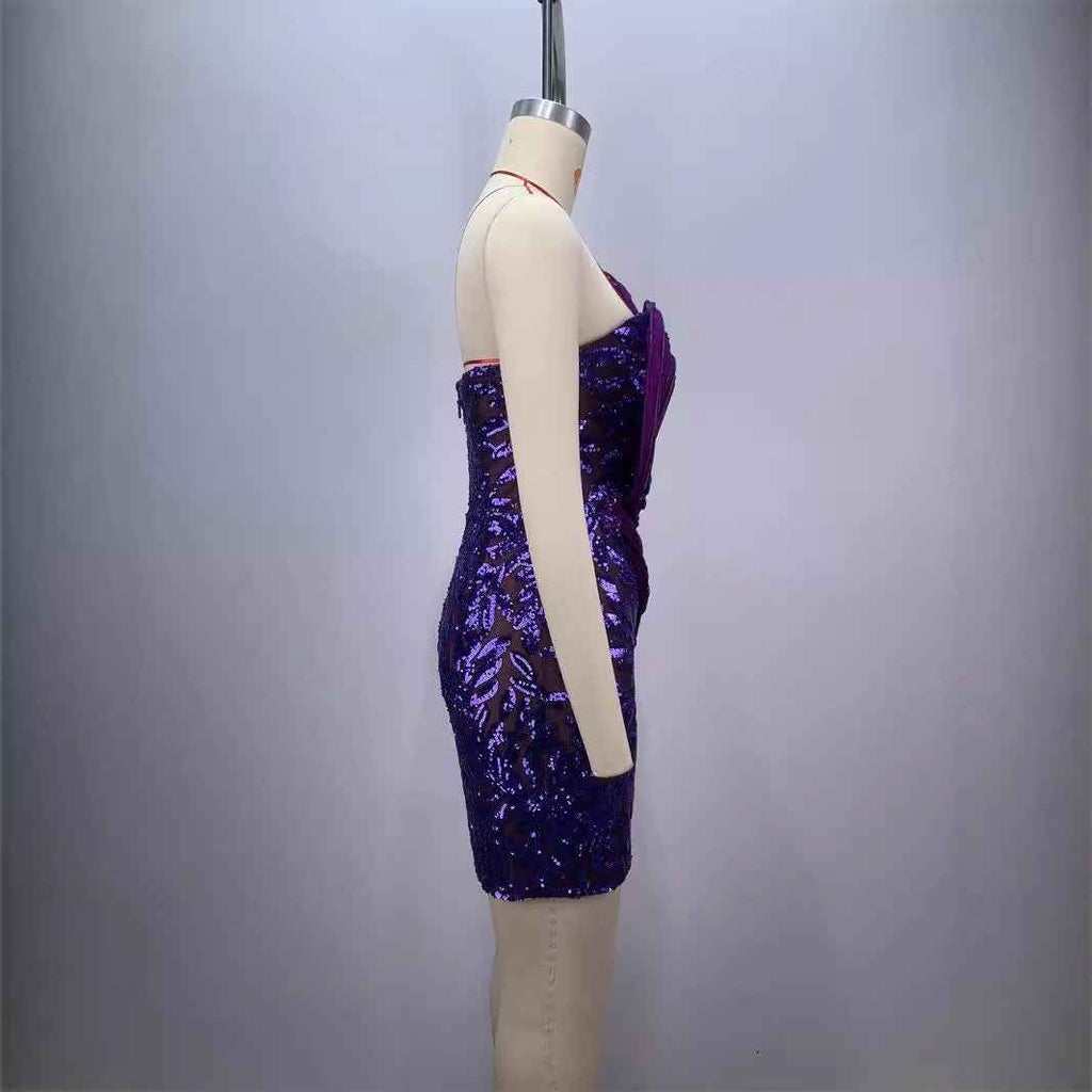 Fashionable Backless Purple Mini Dress with One Shoulder Design and Sequin Mesh Accents-Casual Fashion - The Artisan's Wardrobe