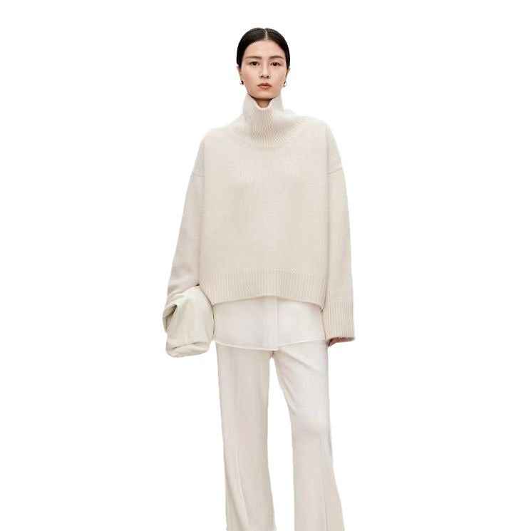 High Neck Cashmere Sweater Women - Loose Thick Woolen Sweater with Knitted Base-Casual Fashion - The Artisan's Wardrobe