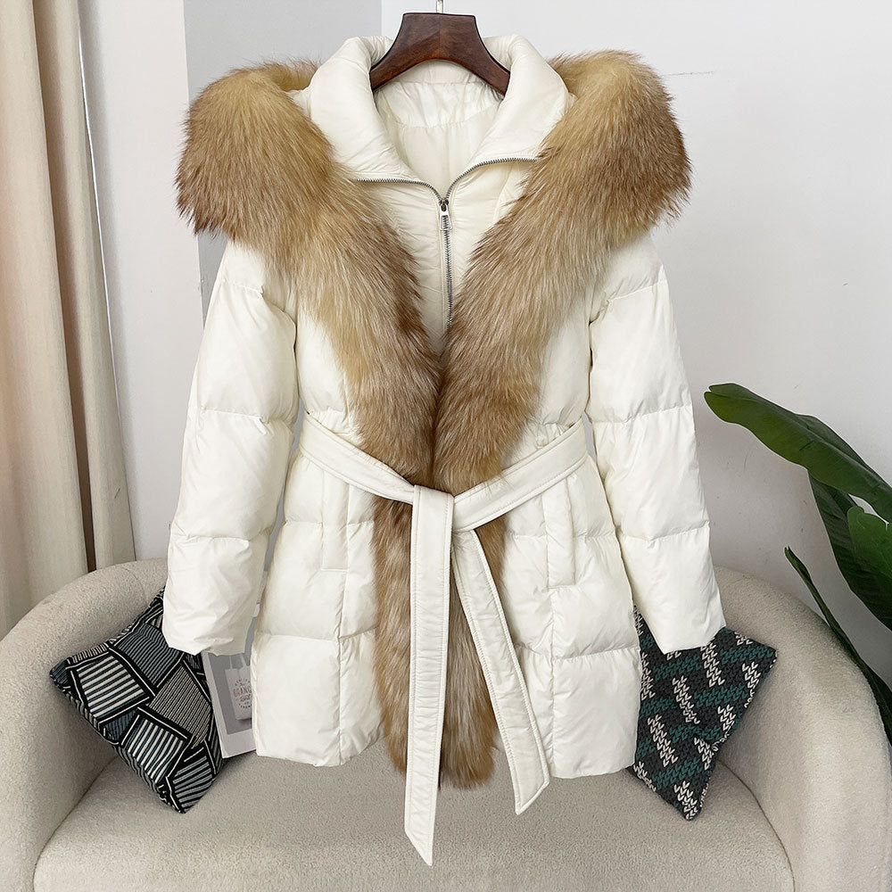 Hooded Down Jacket with Fox Fur Collar for Women-Casual Fashion - The Artisan's Wardrobe