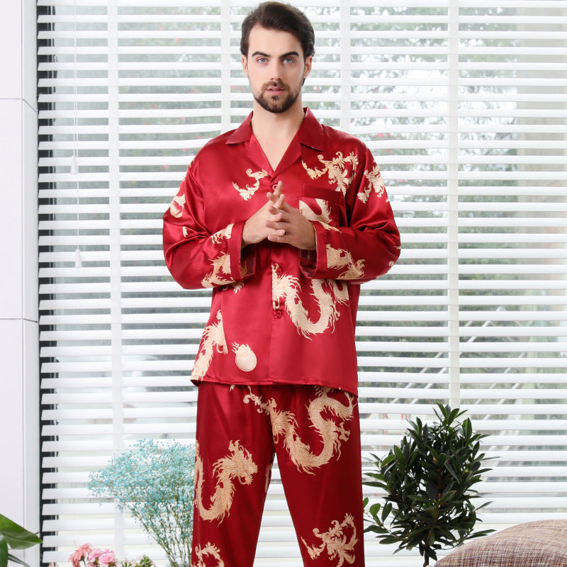 Silk Couple Sleepwear Long Sleeved Set with Dragon and Phoenix Print for Men and Women-Casual Fashion - The Artisan's Wardrobe