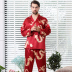 Silk Couple Sleepwear Long Sleeved Set with Dragon and Phoenix Print for Men and Women-Casual Fashion - The Artisan's Wardrobe