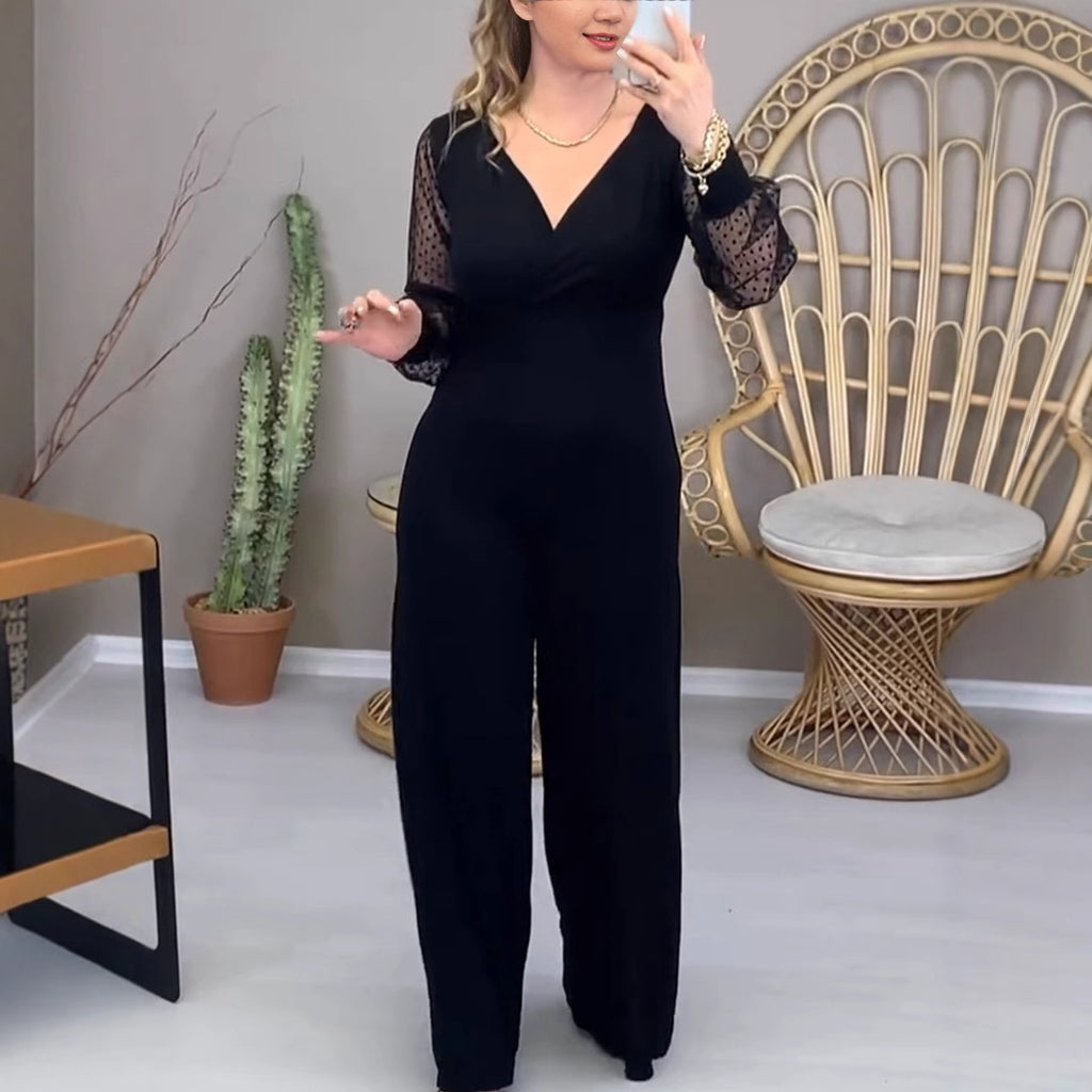 Mesh Sleeve V-Neck Jumpsuit with Cinched Waist for a Slimming Fit-Casual Fashion - The Artisan's Wardrobe
