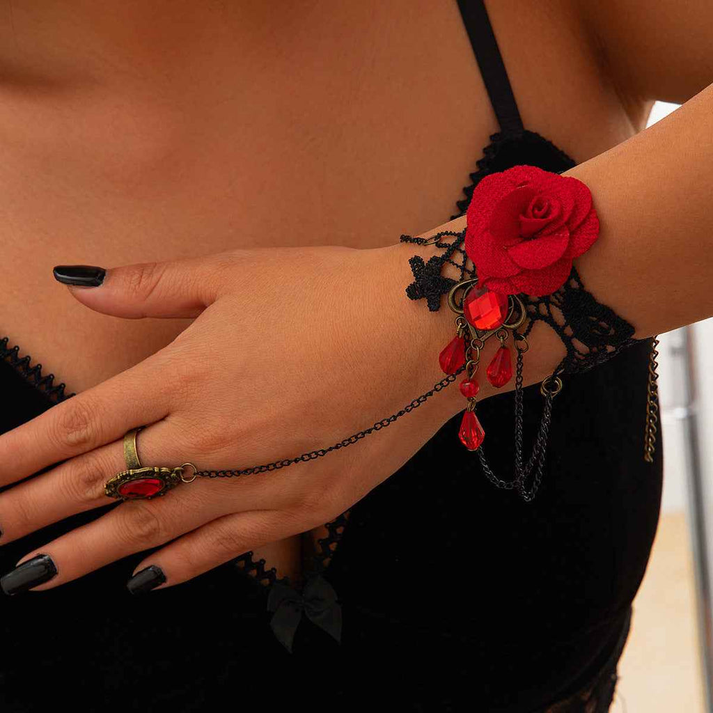 Halloween Punk Bracelet with Finger Mesh Tassel and Alloy Rose Lace Floral Handmade for Women-Casual Fashion - The Artisan's Wardrobe