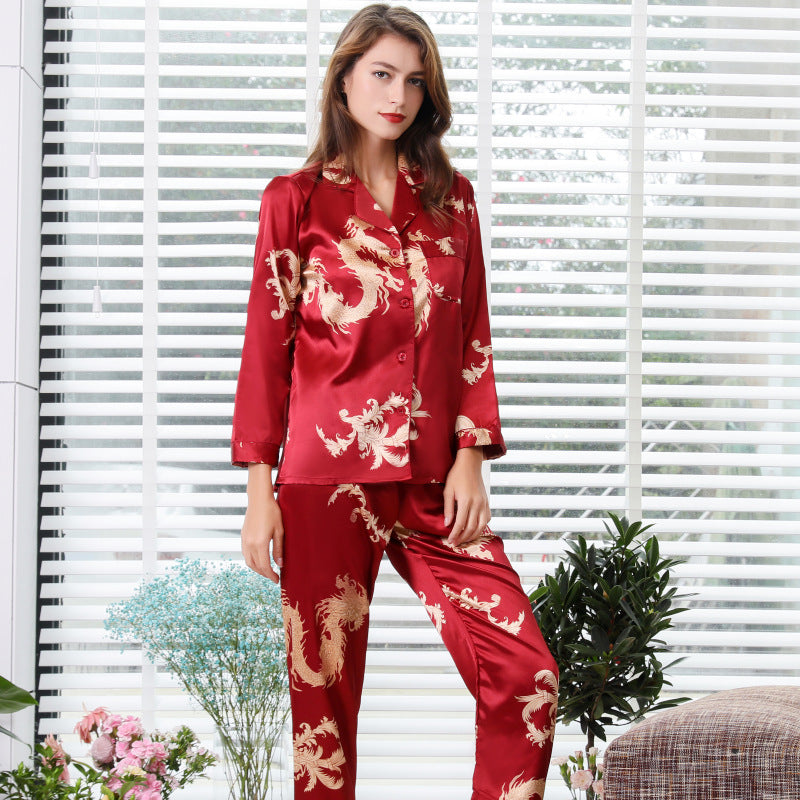 Silk Couple Sleepwear Long Sleeved Set with Dragon and Phoenix Print for Men and Women-Casual Fashion - The Artisan's Wardrobe