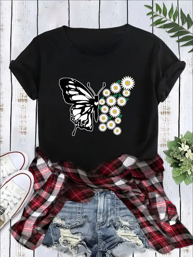 Women's Butterfly and Daisy T-Shirt - Soft Casual Loose Fit Fashion Clothing for Everyday Wear