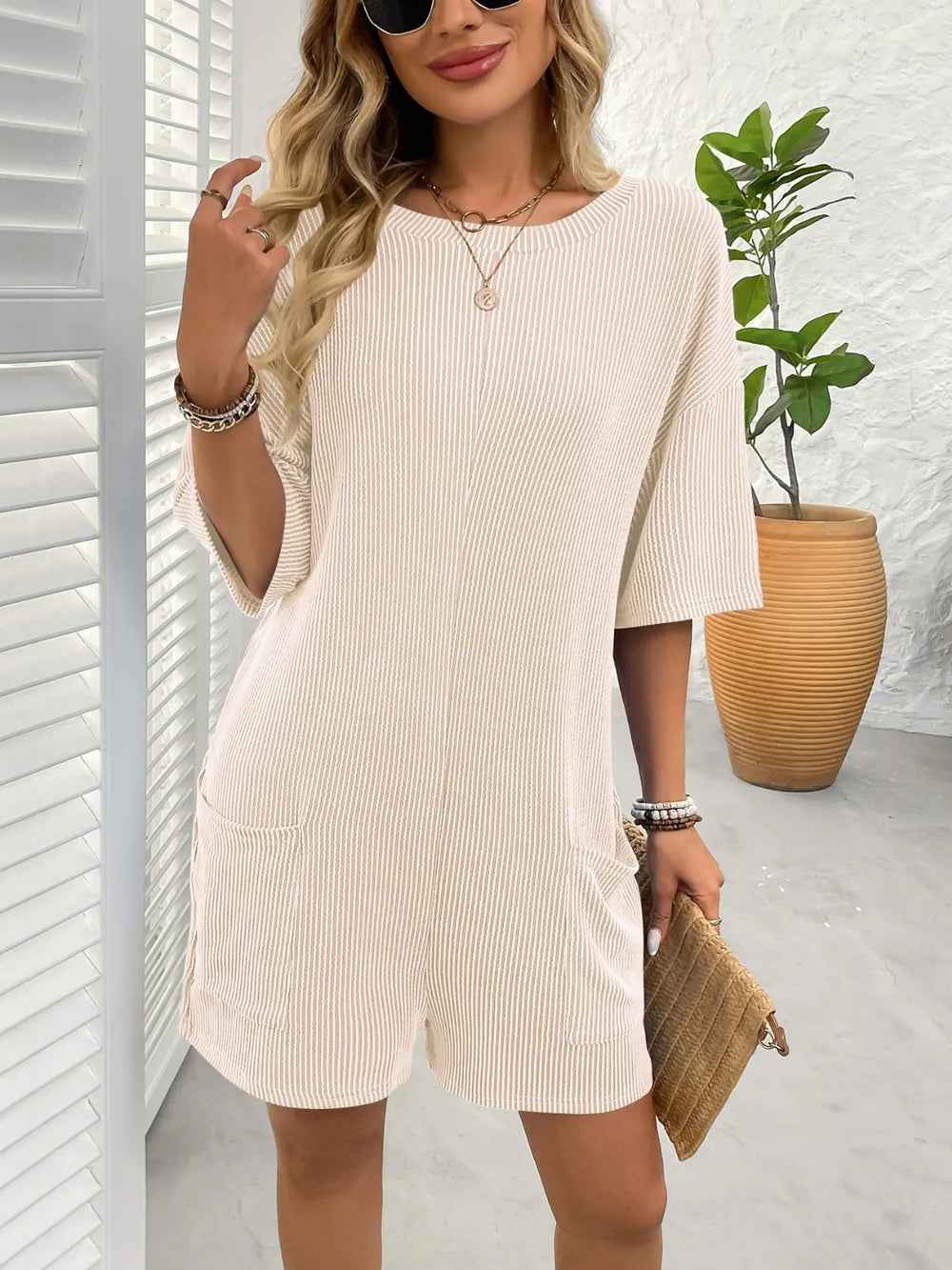 Backless Textured Romper with Round Neck and Half Sleeves for a Trendy Style-Casual Fashion - The Artisan's Wardrobe