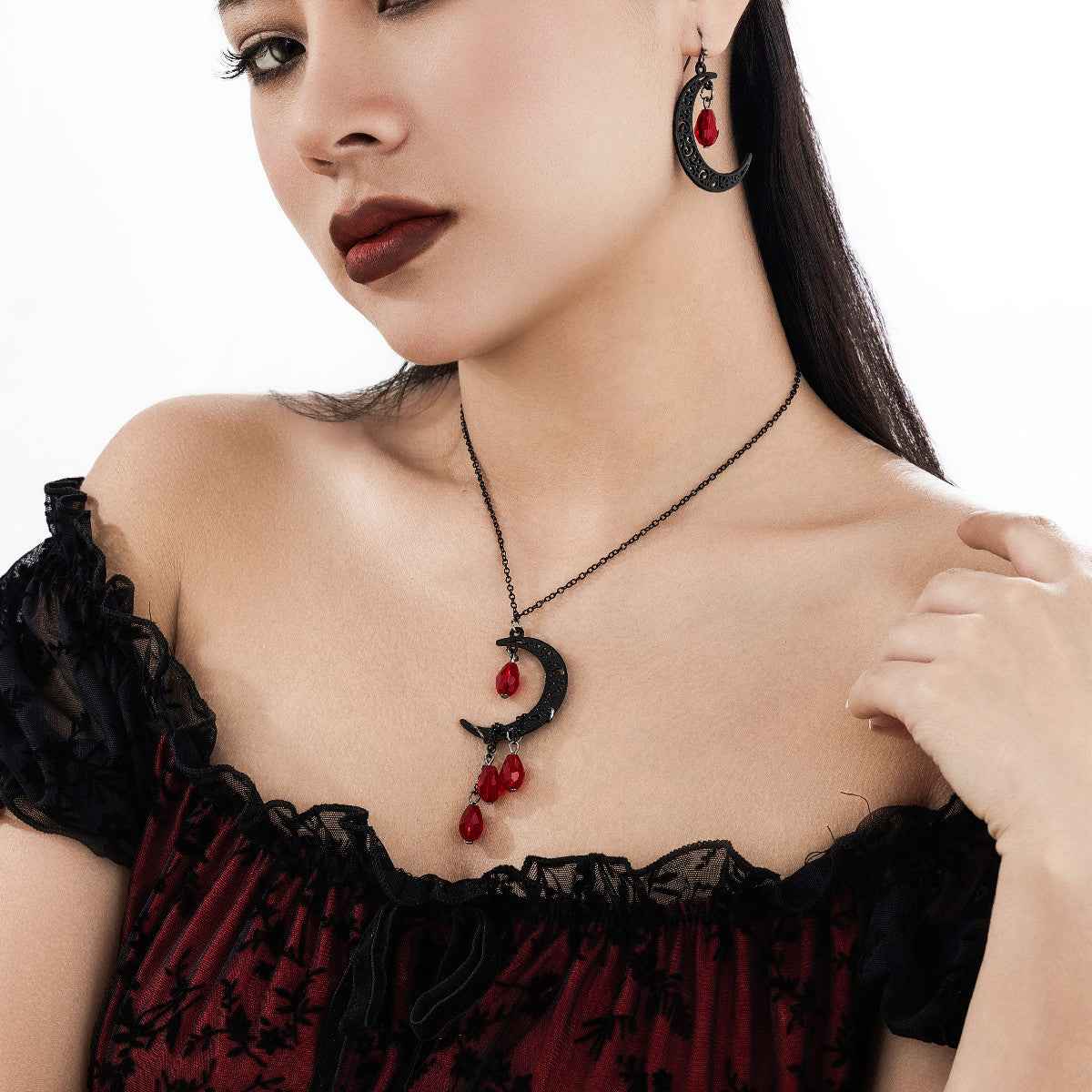 Sweet and Cool Halloween Ruby Necklace with Tassel Water Drop and Personalized Crescent Crystal Collar Chain-Casual Fashion - The Artisan's Wardrobe