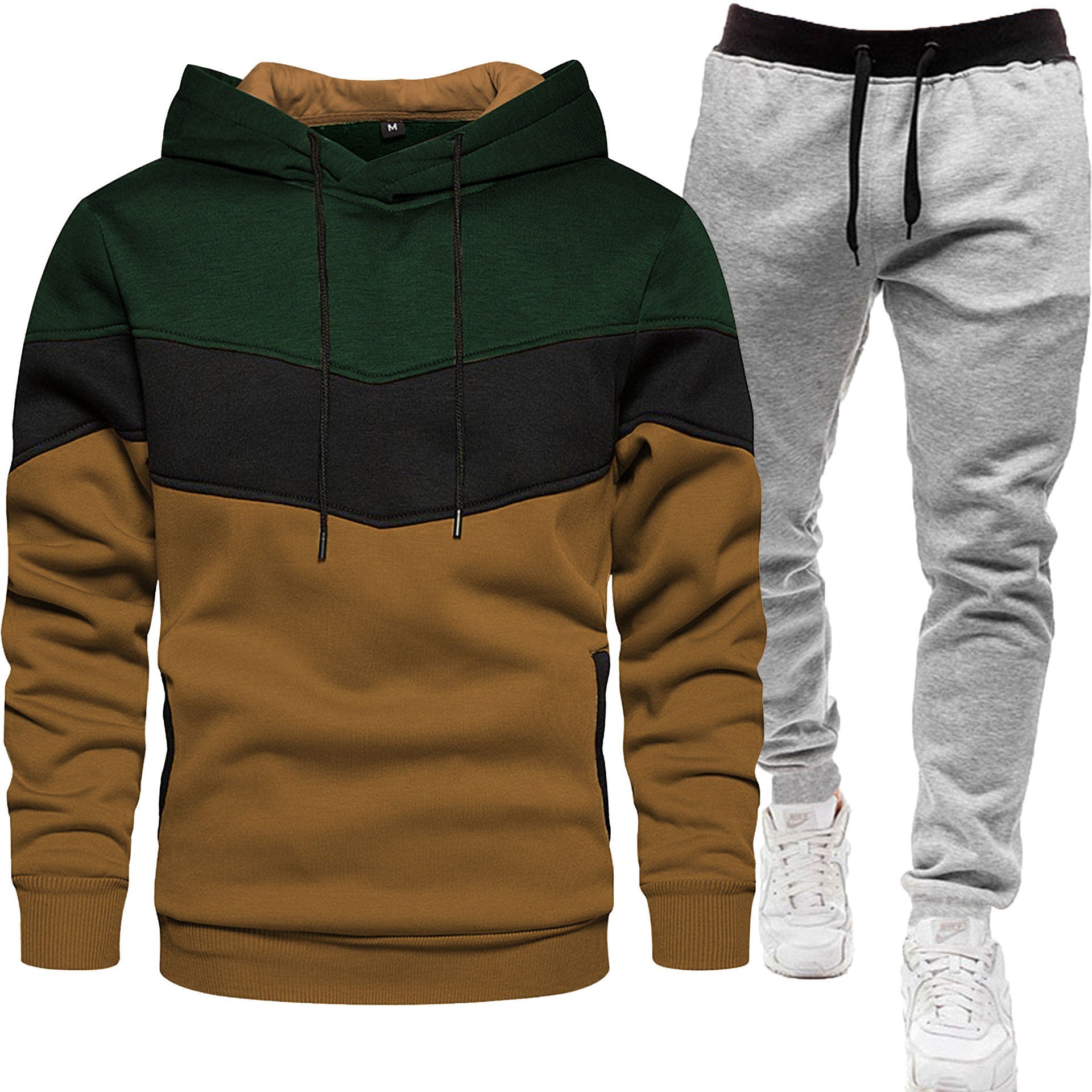 Men's three color hoodie sports suit, fashionable and casual, spring and autumn splicing hooded top, long pants two-piece set-Casual Fashion - The Artisan's Wardrobe
