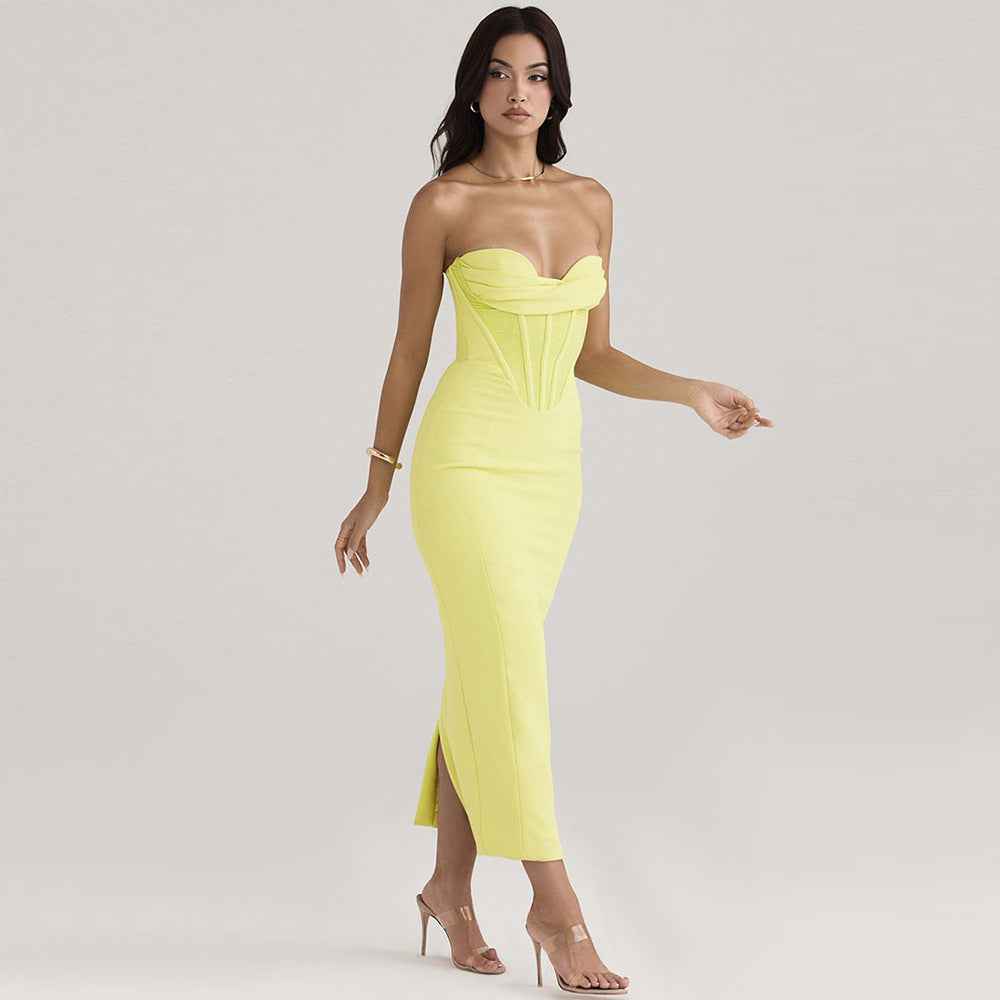 Solid Color Strapless Fishbone Back Dress with Slit - Tight and Sexy Fit-Casual Fashion - The Artisan's Wardrobe