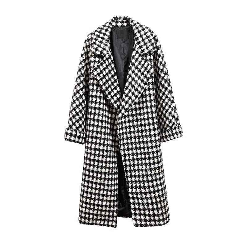 woolen coat for women in checkered design, medium to long length, slim fit windbreaker-Casual Fashion - The Artisan's Wardrobe