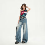 High Street Patchwork Wide Leg Pants Spring  Loose Washed Straight Leg Jeans for Women
