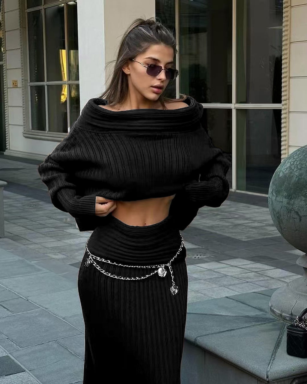 Winter Knitted Two Piece Set for Women - Elegant Off Shoulder Sweater and Slim Skirt Suit for Fashionable Office Ladies-Casual Fashion - The Artisan's Wardrobe