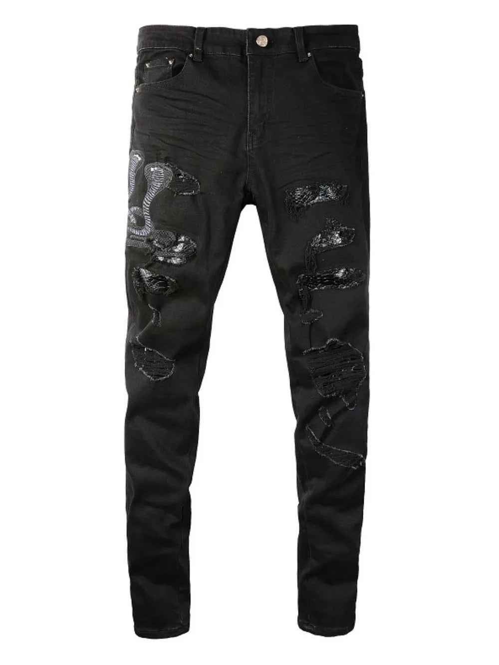 Men's Snake Embroidered Slim Jeans - Washed Style for a Trendy Look-Casual Fashion - The Artisan's Wardrobe