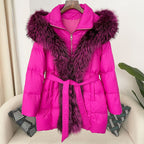 Hooded Down Jacket with Fox Fur Collar for Women-Casual Fashion - The Artisan's Wardrobe